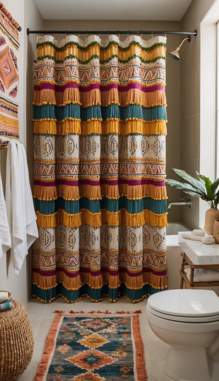 A colorful bathroom featuring a patterned shower curtain with alternating stripes of turquoise, orange, and yellow fringe, complemented by white towels hanging nearby, a decorative woven basket, and a small plant on a marble countertop next to a white toilet.