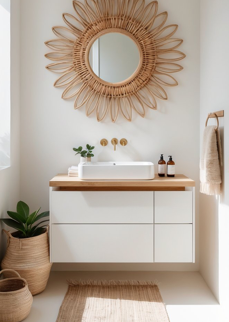 A modern bathroom featuring a round rattan mirror with a sunburst design above a white sink with a wooden countertop. On the countertop, there are two dark glass bottles and a small green plant. The wall behind is painted white, and there are woven baskets on the floor, along with a beige rug.