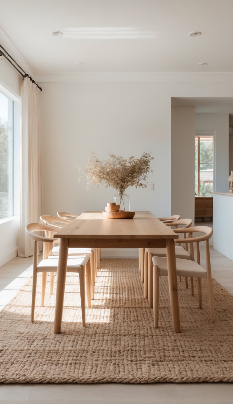 A modern dining room featuring a wooden table surrounded by six light-colored chairs on a woven rug, with a decorative vase of dried plants in the center and large windows allowing natural light to fill the space.