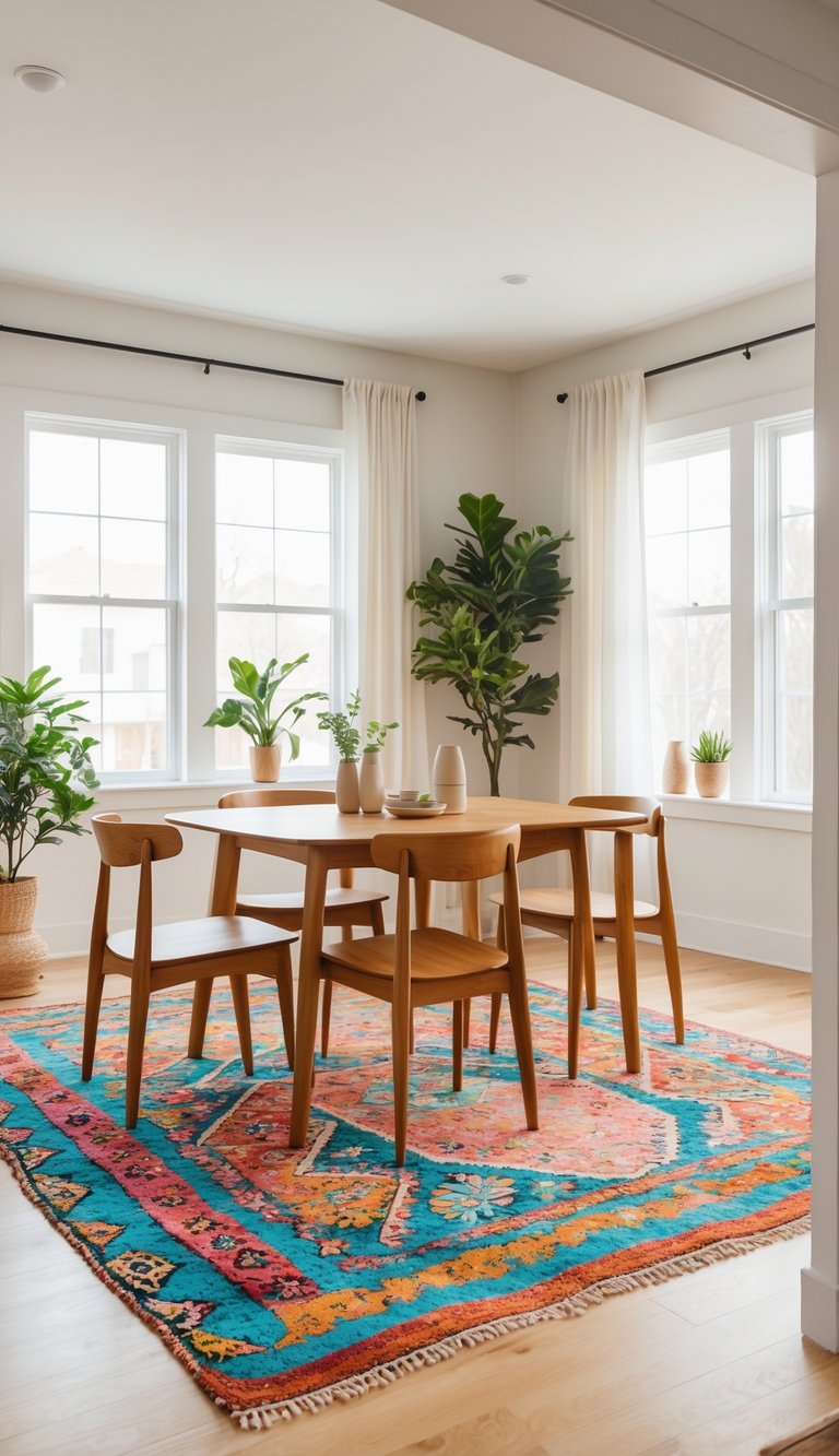 A modern dining area featuring a wooden table surrounded by four chairs, positioned on a colorful patterned rug. Large windows with white curtains let in natural light, and potted plants are placed on the window sills and around the room, enhancing the inviting atmosphere.