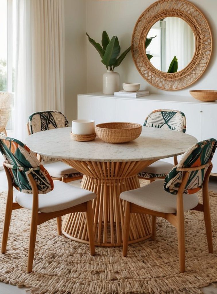 A modern dining area featuring a round marble table with a unique woven base, surrounded by four chairs with patterned cushions. A large round mirror hangs on the wall, reflecting light, and a green plant is positioned next to a white cabinet with decorative bowls and a stack of books.