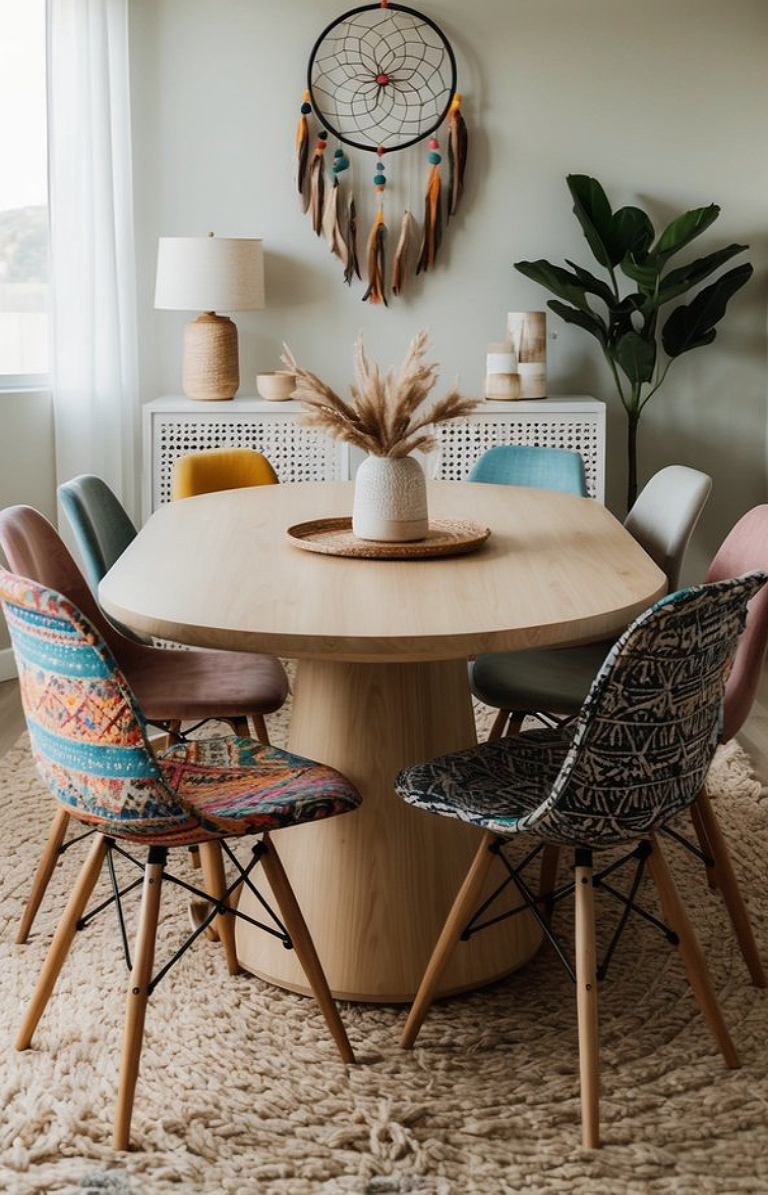 A modern dining area featuring a round wooden table surrounded by colorful upholstered chairs with various patterns. A vase of dried flowers is on the table, and a dreamcatcher hangs on the wall above. There's a lamp and a small side table in the background, along with a decorative cabinet.
