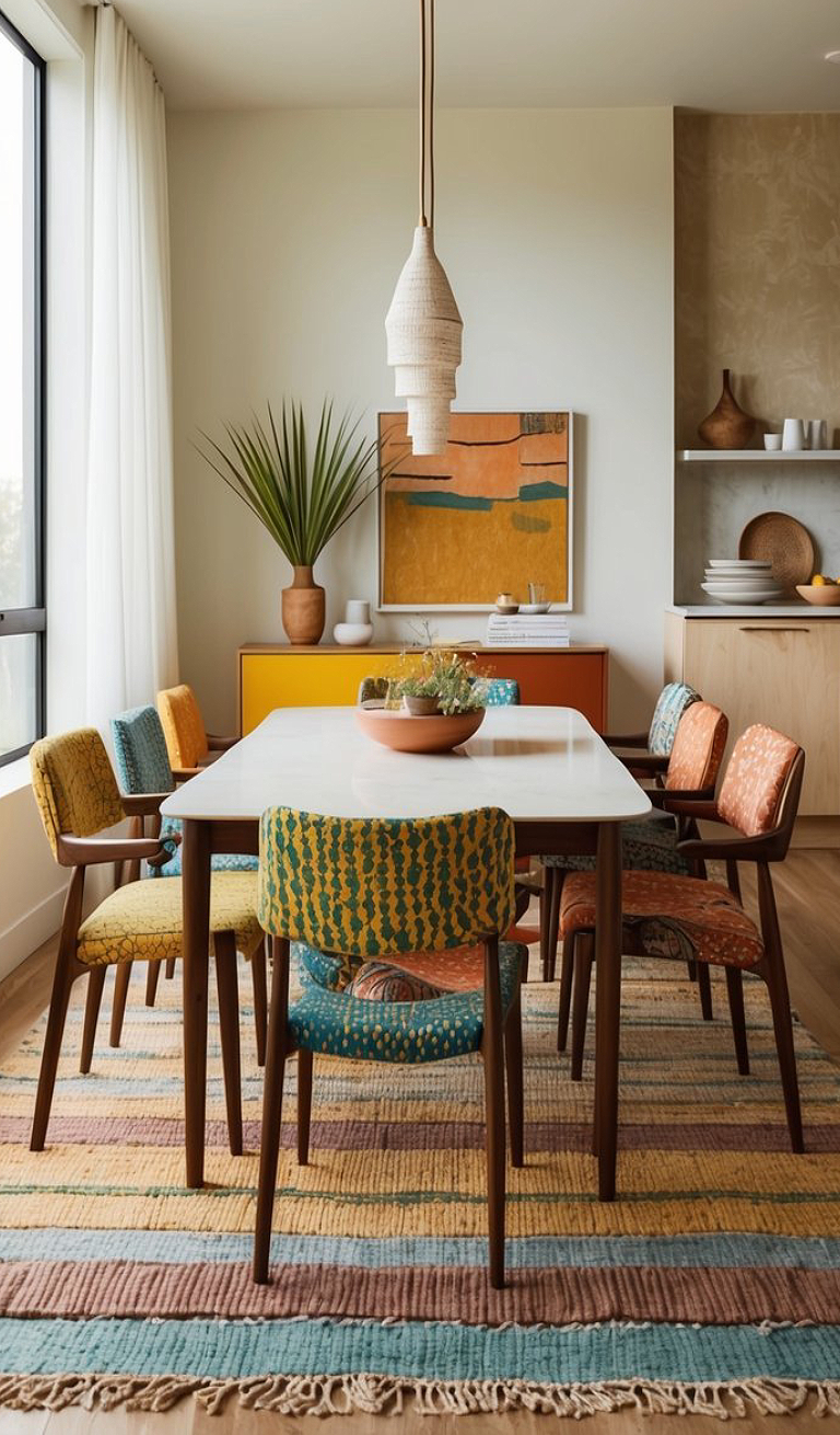 A modern dining room featuring a large white table surrounded by six colorful upholstered chairs with various patterns. A hanging woven light fixture is above the table, while a large potted plant is positioned near a wall with a colorful abstract painting. The floor is covered with a striped rug in pastel colors.
