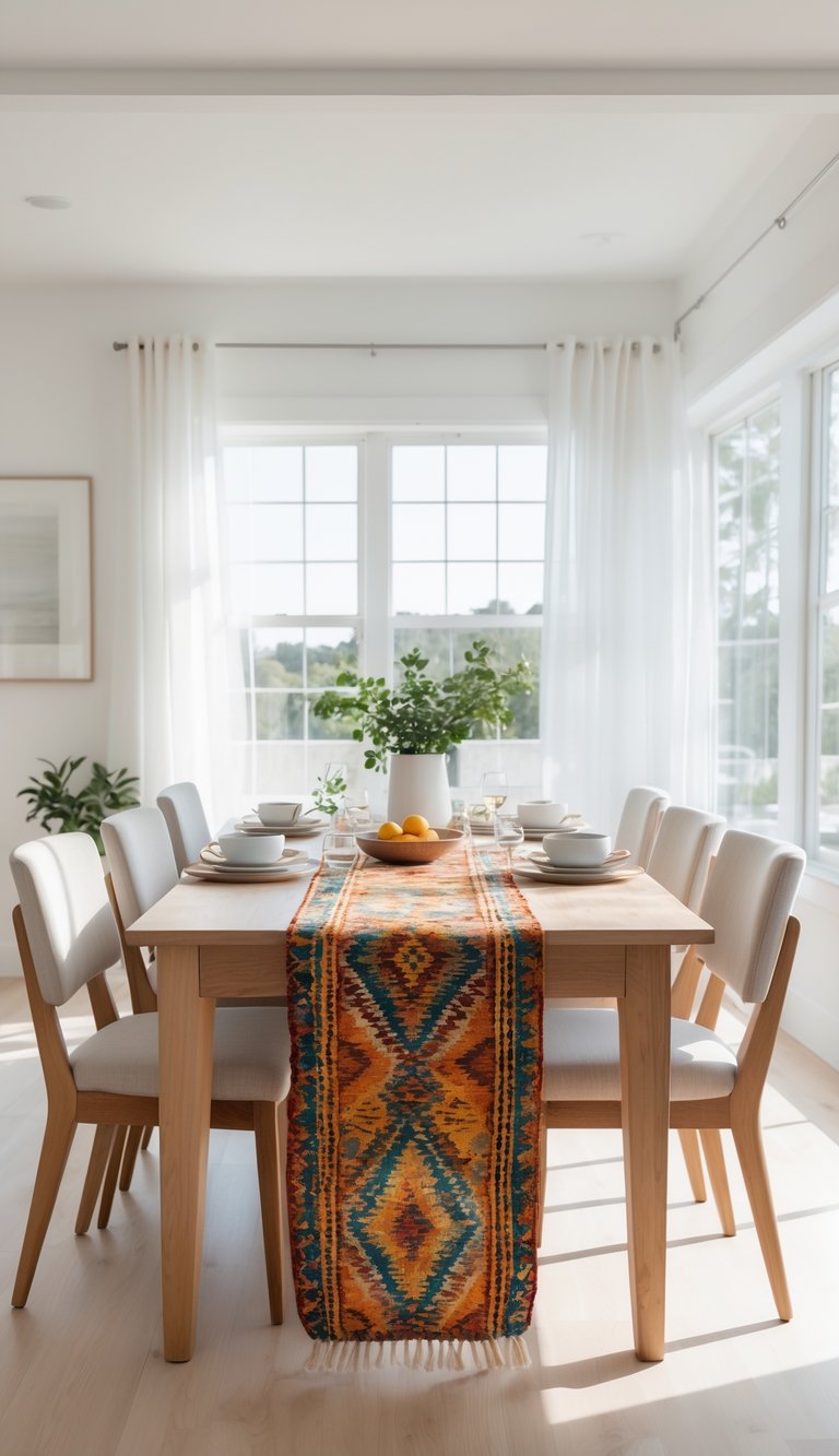 A bright dining area featuring a wooden table set for six, topped with a colorful patterned table runner. The table is adorned with white bowls, a glass vase with greenery, and a bowl of yellow lemons. Large windows allow natural light to flood the space, complementing the light wood flooring and white curtains.