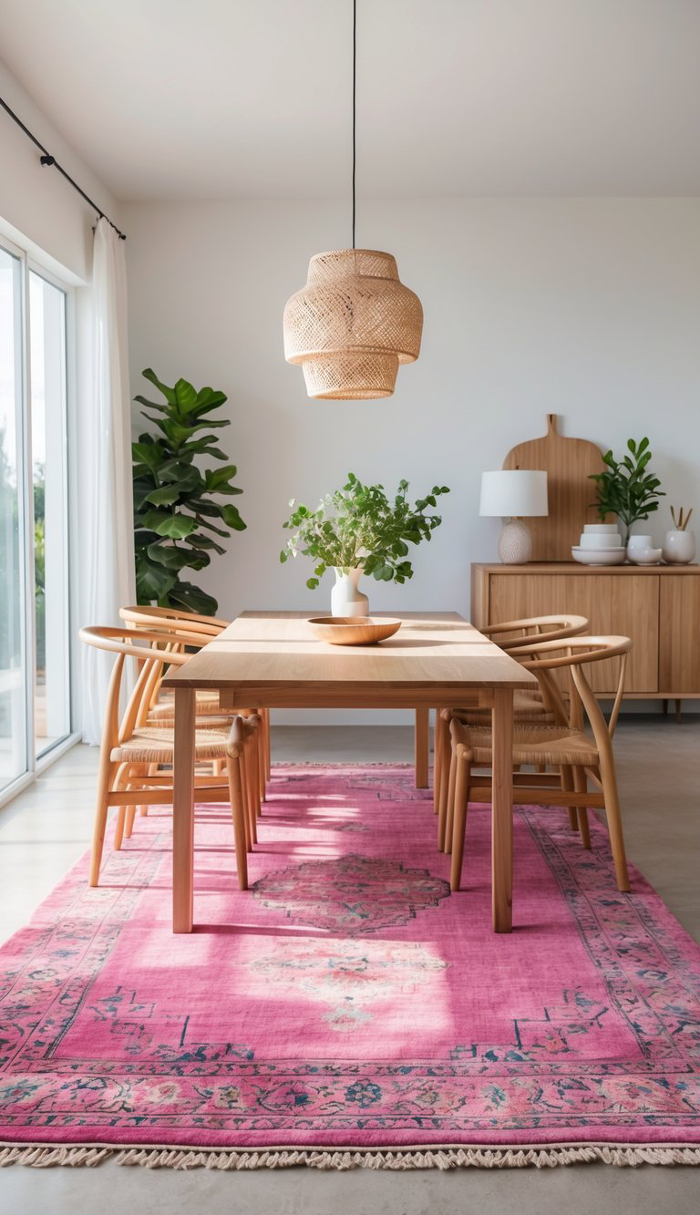 A modern dining room featuring a light wood table with curved chairs, a pink patterned rug underneath, and a pendant lamp above. The table decor includes a wooden bowl and a vase with green leaves. In the background, there is a sideboard with decorative elements and a large potted plant.