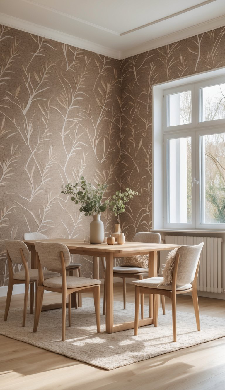 A cozy dining area featuring a wooden table surrounded by four upholstered chairs, with a vase of greenery on the table. The walls are adorned with a textured beige wallpaper featuring delicate white branch patterns, and there's a large window letting in natural light.