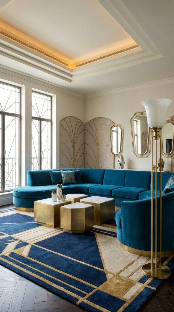 Elegant art deco living room idea featuring teal velvet curved sectional, brass cube coffee tables with marble tops, and a blue geometric rug with gold detailing.