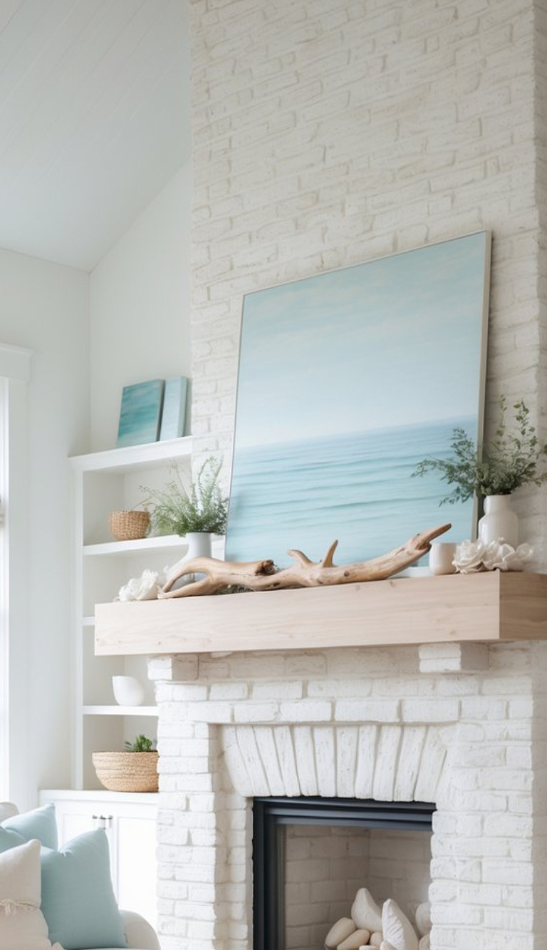 A cozy white-brick fireplace with a wooden mantel displaying a large seascape painting, driftwood, and decorative shells. Above, there are two framed art pieces on a shelf, alongside a woven basket and potted greenery.