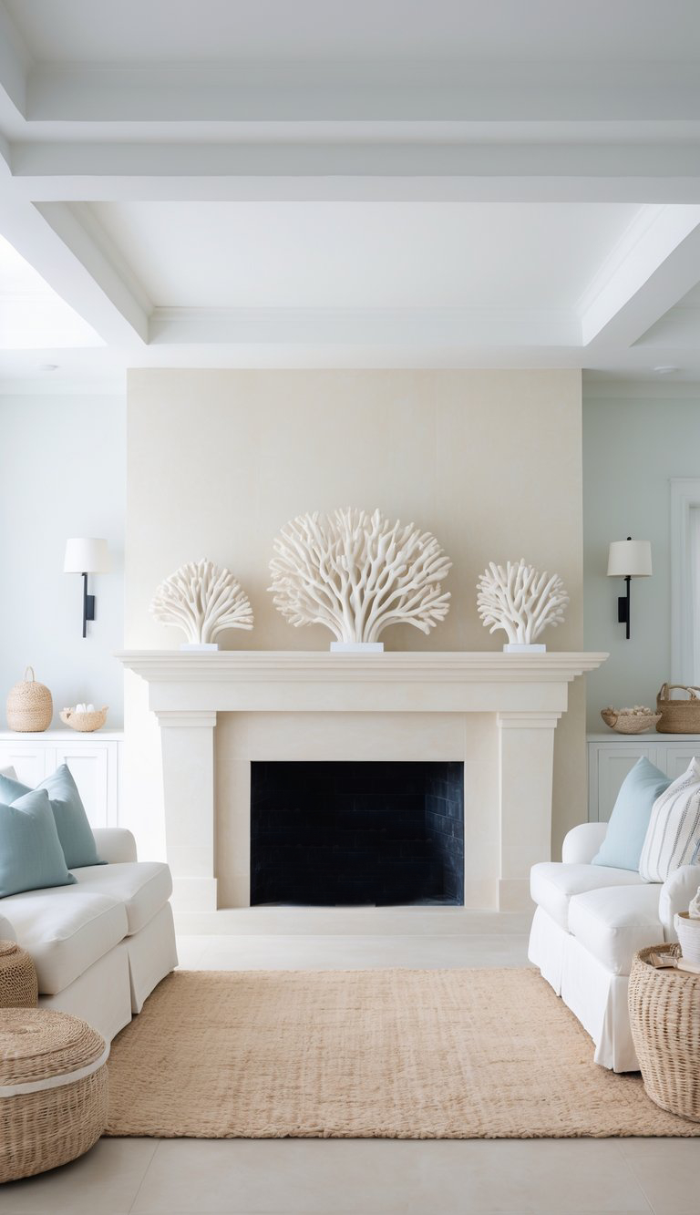 A modern living room featuring a cream-colored fireplace with three decorative coral sculptures on the mantel, surrounded by soft pastel blue pillows on white sofas and a beige woven rug.