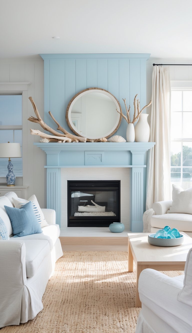 A bright living room featuring a light blue wall-mounted fireplace, adorned with decorative driftwood and a round mirror above it. White sofas with blue and white cushions surround a light wooden coffee table, and a woven rug covers the floor.