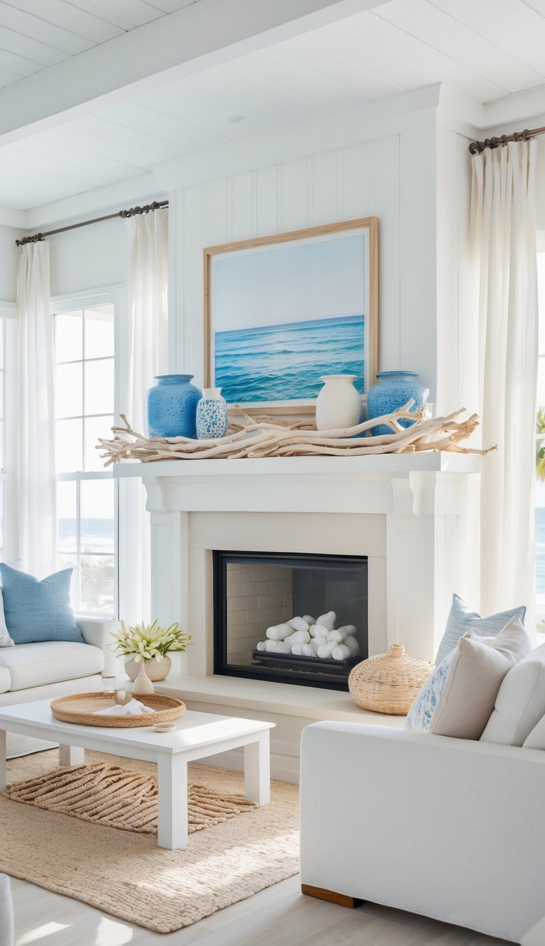 A bright and airy living room featuring a white fireplace with decorative pebbles, flanked by two large windows with sheer curtains. Above the fireplace is a coastal-themed painting and a display of blue and white vases sitting on driftwood. A white coffee table sits on a textured jute rug, surrounded by light-colored sofas with blue and white pillows.