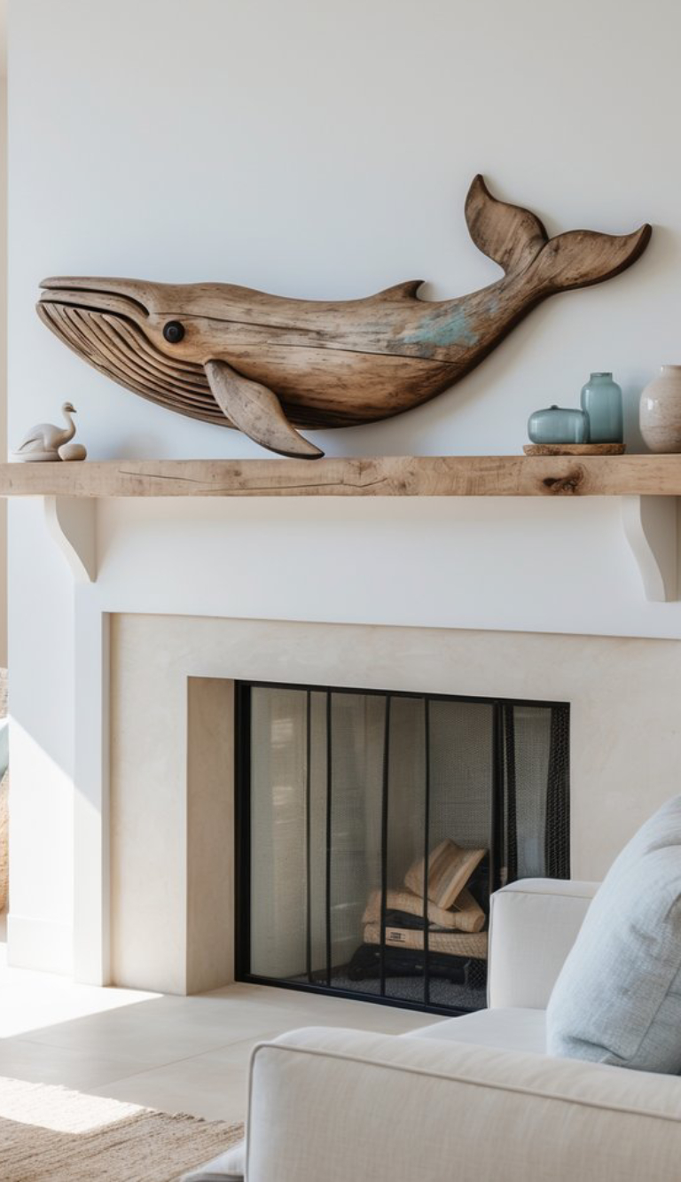 A wooden whale sculpture mounted on a light-colored wall above a natural wood shelf, which also holds a small decorative bird and several colored vases, with a modern fireplace below featuring a black metal screen and stacked wood.