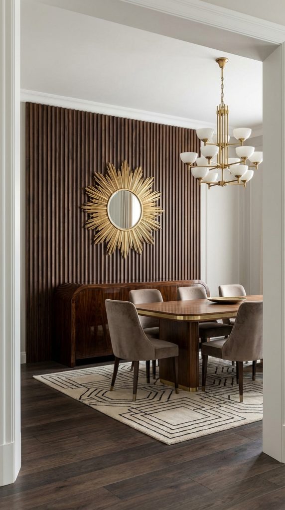 Art deco dining room idea featuring walnut slat wall paneling, gold sunburst mirror, brass chandelier with glass shades, wood dining table, and patterned rug.