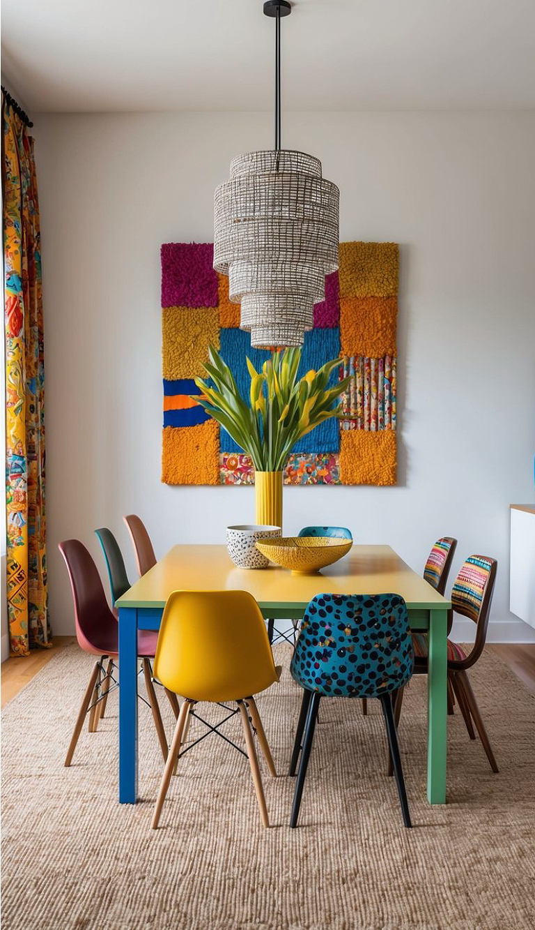 A colorful dining room featuring a brightly colored table surrounded by six distinctively styled chairs in various hues. Above hangs a textured pendant light, and a vibrant wall art piece made of different woven materials adds visual interest. A large vase with green plants is placed at the center of the table, enhancing the playful decor.