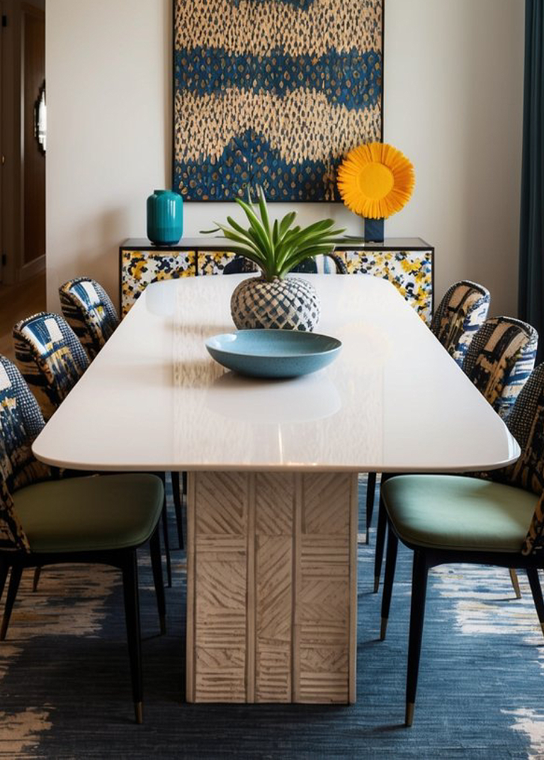 A modern dining room features a long white table with a textured base, surrounded by stylish chairs in blue and green fabric. On the table are a patterned vase with a succulent, a round blue bowl, and in the background, a colorful patterned art piece and a decorative flower display are visible.