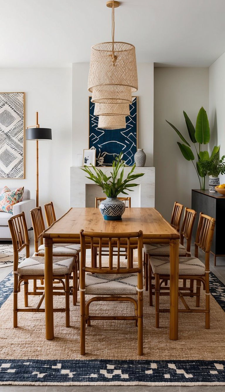 A stylish dining room featuring a wooden table surrounded by eight bamboo chairs with patterned cushions. Above the table, three woven pendant lights hang from the ceiling. A large green plant is placed in the center of the table, and a patterned blue wall art piece is displayed in the background. Soft seating is visible on the left, along with a floor lamp and decorative items on a sideboard.