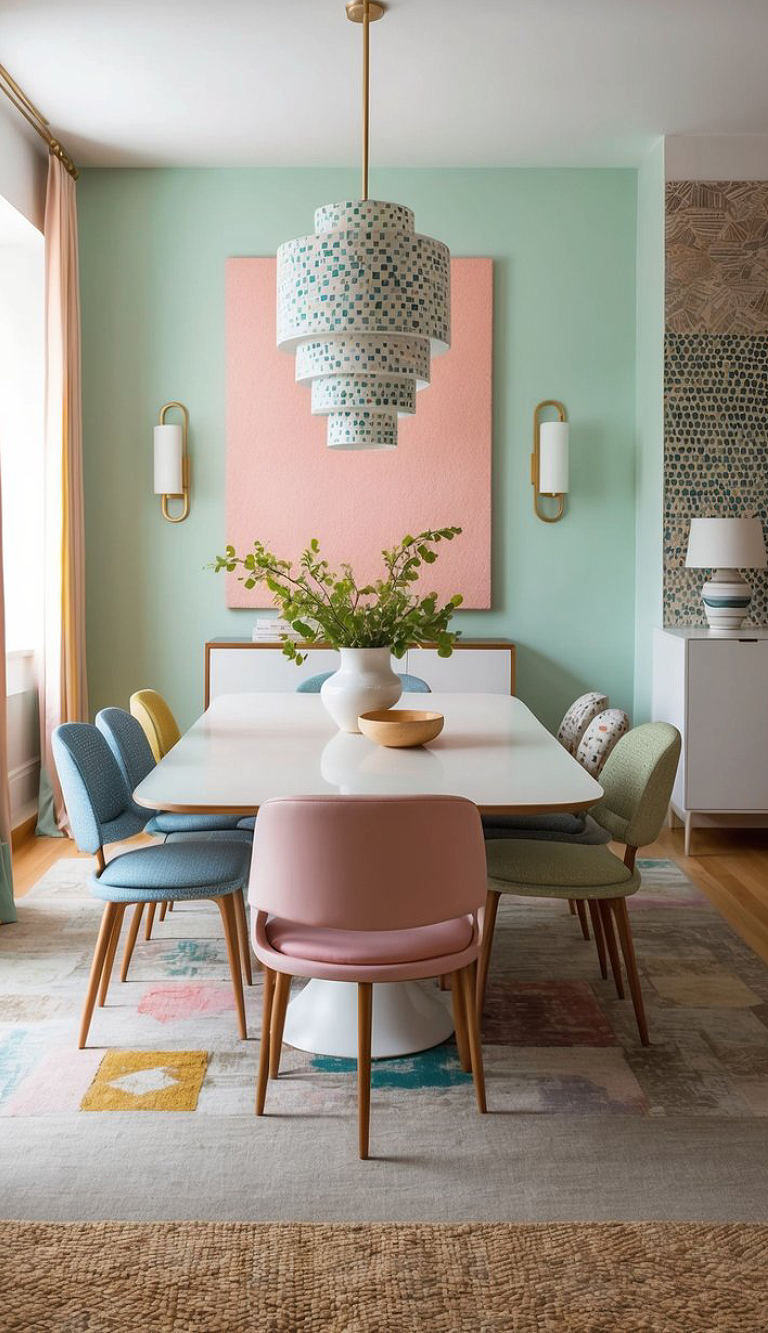 A stylish dining room featuring a large white table surrounded by chairs in various pastel colors. Above the table hangs a distinctive layered chandelier. The walls are painted in soft mint and pale pink shades, with a textured artwork on one wall and a decorative patterned wallpaper on another. A vase filled with greenery sits at the center of the table, enhancing the modern aesthetic.