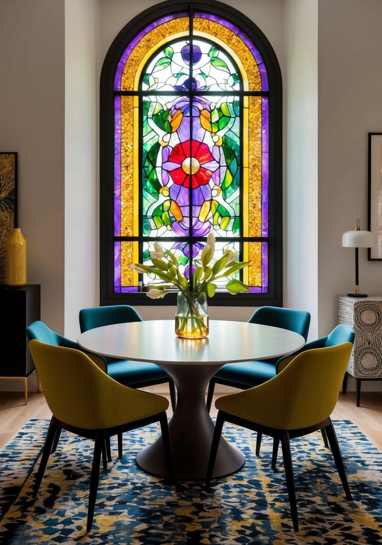 A dining area features a round table with a sleek, modern design surrounded by colorful chairs in teal and mustard yellow. In the background, a large stained glass window displays intricate floral designs in vibrant colors, and a vase of white flowers sits as a centerpiece on the table. The floor is covered with a patterned area rug.