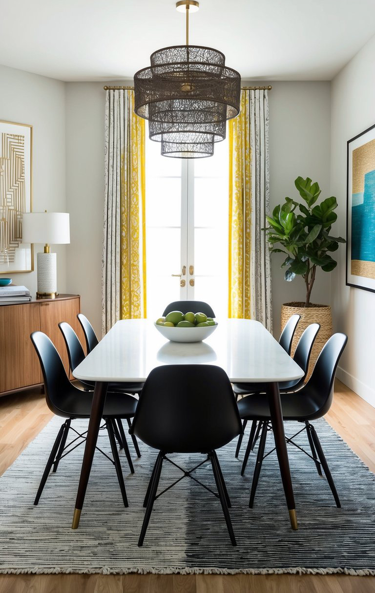 A modern dining room featuring a white table surrounded by black chairs, a large woven pendant light overhead, and a vase of green apples at the center. Yellow drapes frame a pair of glass doors leading to the outside, while a potted plant and wall art are visible in the background.