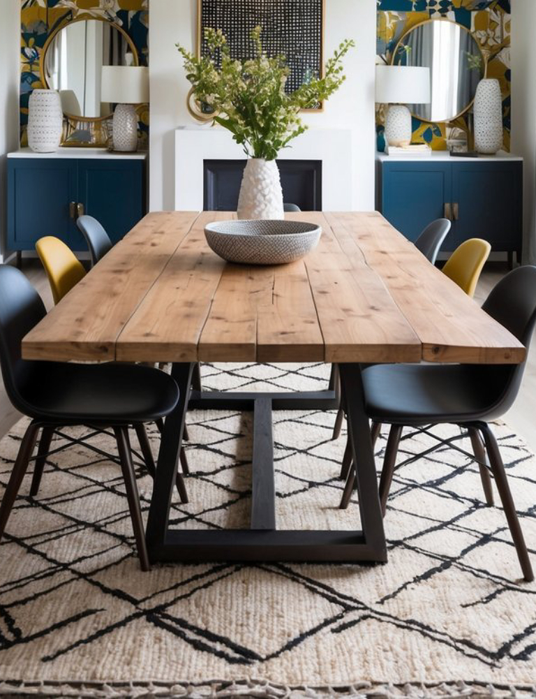 A wooden dining table with a chunky tabletop and a dark metal base, surrounded by black and yellow chairs, set on a patterned rug. A large vase with greenery and a textured bowl are centerpieces on the table. In the background, decorative mirrors and cabinets with floral wallpaper can be seen.