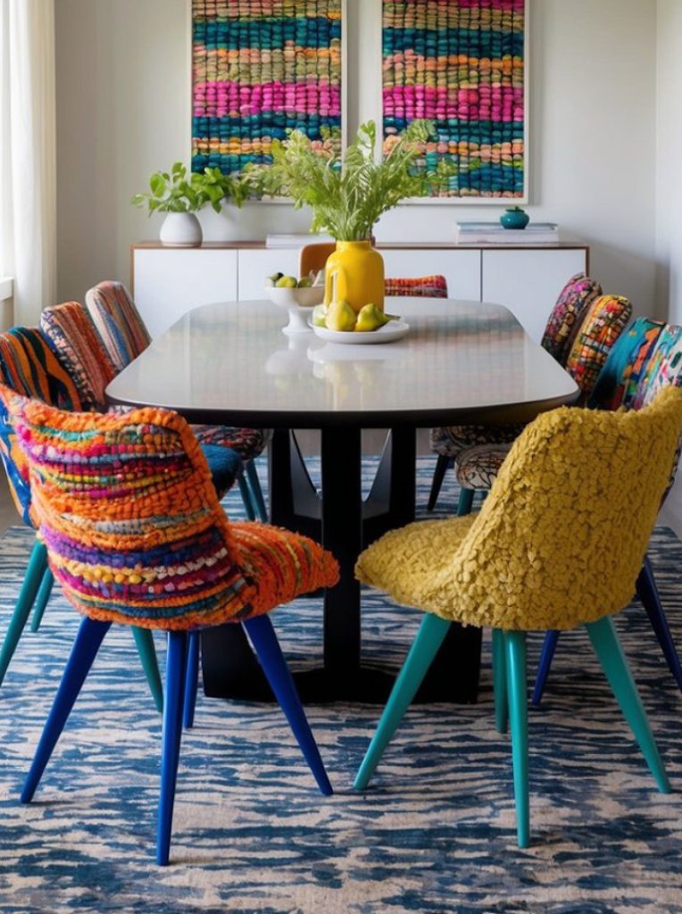 A brightly decorated dining room features a large round table surrounded by vibrant, uniquely patterned chairs in various colors, including orange, yellow, and blue. Above the table, colorful wall hangings add visual interest, while a plant and tableware with fruits are placed centrally on the table.