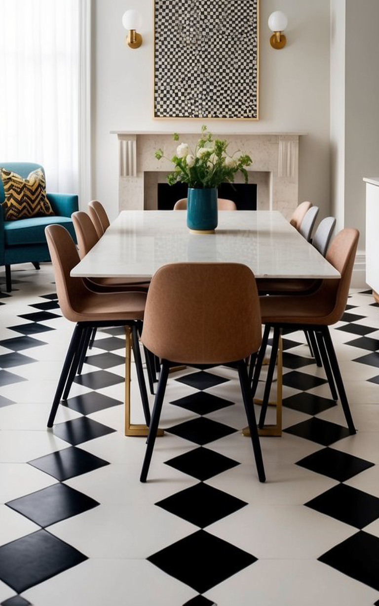 A modern dining room features a long white table surrounded by beige chairs with black legs, set on a black and white diamond patterned floor. A large vase with green and white flowers sits in the center of the table, and a decorative painting hangs above a stone fireplace in the background. A blue chair with a patterned cushion is visible to the left.