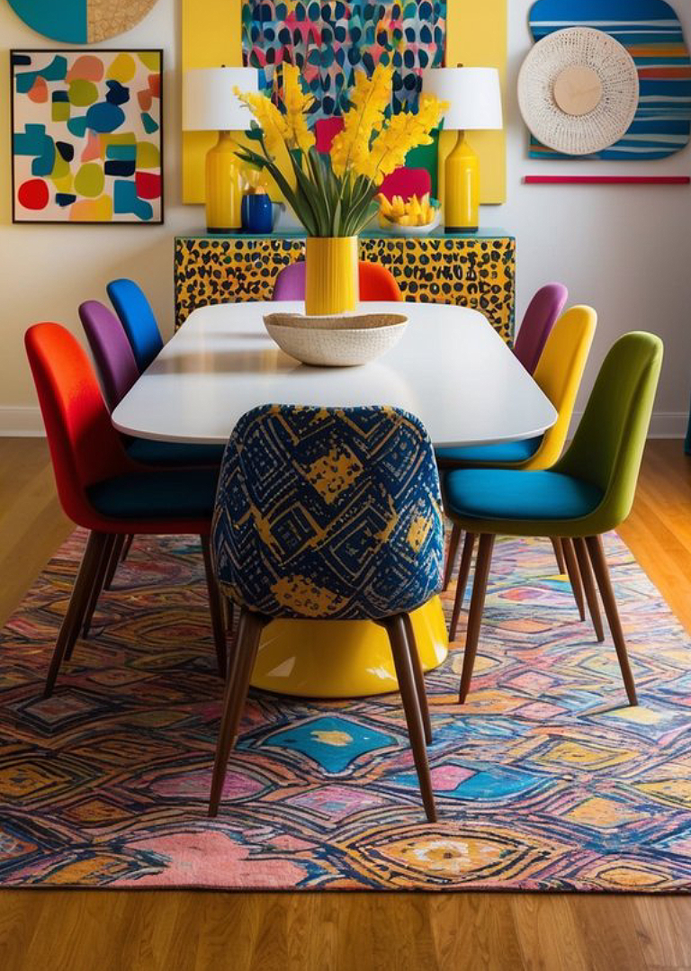 A vibrant dining area featuring a long white table surrounded by colorful chairs in red, purple, blue, green, and yellow. A large yellow vase filled with yellow flowers sits in the center along with a textured bowl. The backdrop includes a colorful abstract artwork and a leopard print sideboard, set against a patterned rug.