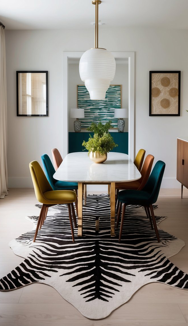 A modern dining room featuring a long white marble table surrounded by six colorful chairs in yellow, teal, and orange hues, set on a black and white striped rug. A large pendant light hangs above the table, and the walls are adorned with art and decorations, including two framed pieces and plant accents.