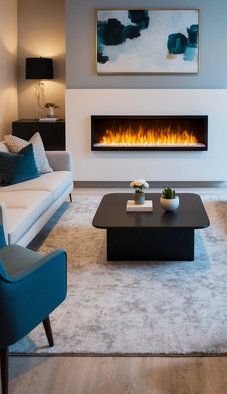 A modern living room featuring a light gray sofa with blue accent pillows, a sleek black coffee table, and a minimalist electric fireplace with a glowing flame mounted on the wall. There is a black lamp and decorative plants in the background, along with an abstract painting above the fireplace.