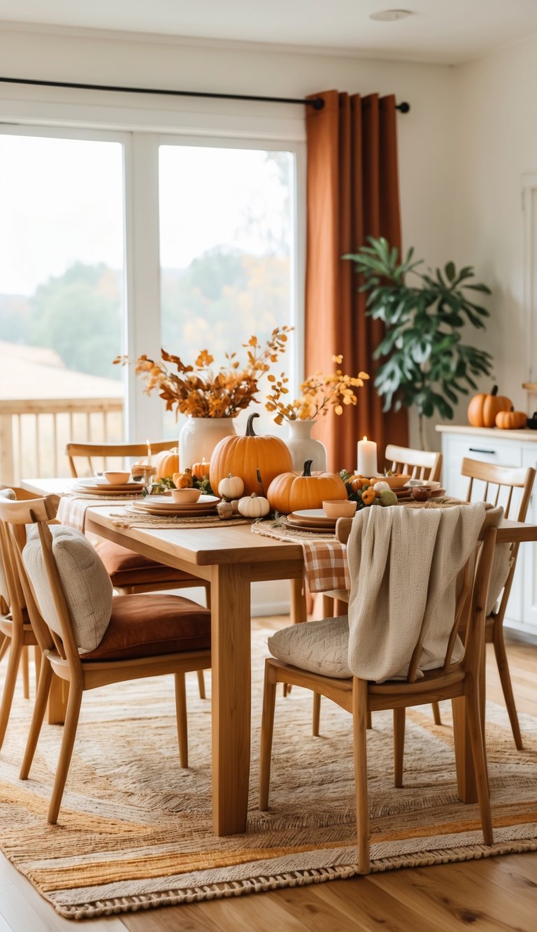 A cozy dining room featuring a wooden table set for a meal, adorned with small pumpkins, candles, and autumn leaves. Soft orange curtains frame large windows, allowing natural light to brighten the space. A rug lies underneath the table, and a plant adds a touch of greenery to the room.