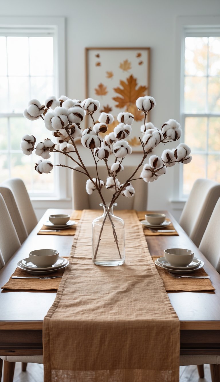 A beautifully set dining table featuring a centerpiece of cotton branches in a glass vase, surrounded by beige tableware and warm orange linen runners, with large windows letting in natural light and an autumn-themed artwork on the wall.