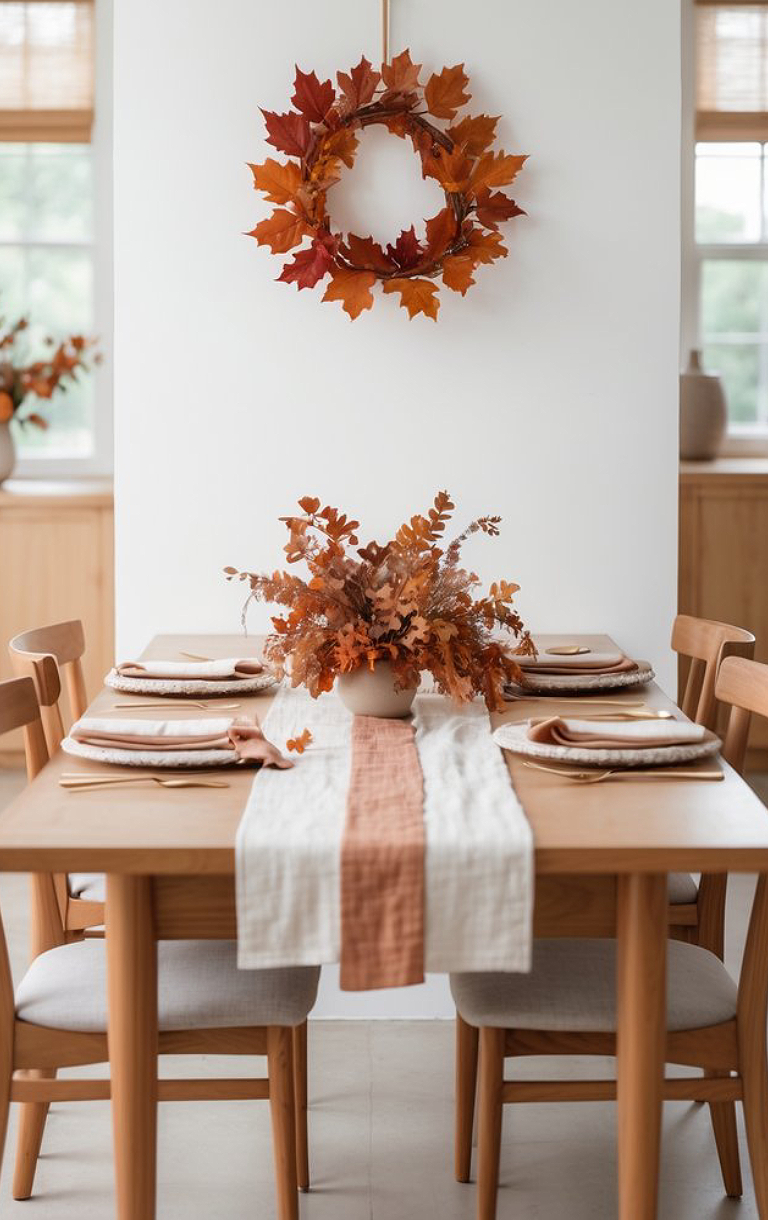 A dining table set with a neutral table runner and a centerpiece of autumn foliage, surrounded by wooden chairs; an orange leaf wreath hangs on the wall above, with soft natural light coming through a window.