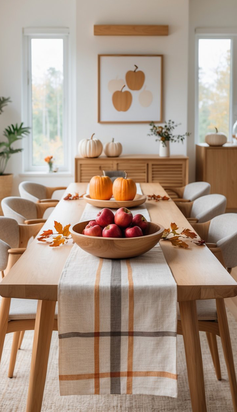 A beautifully arranged dining table featuring a bowl of red apples at the center, surrounded by autumn leaves, with two orange pumpkins on decorative plates and a plaid table runner. The background includes a wall art of pumpkins and shelves with more pumpkins and a plant, enhancing the seasonal decor.