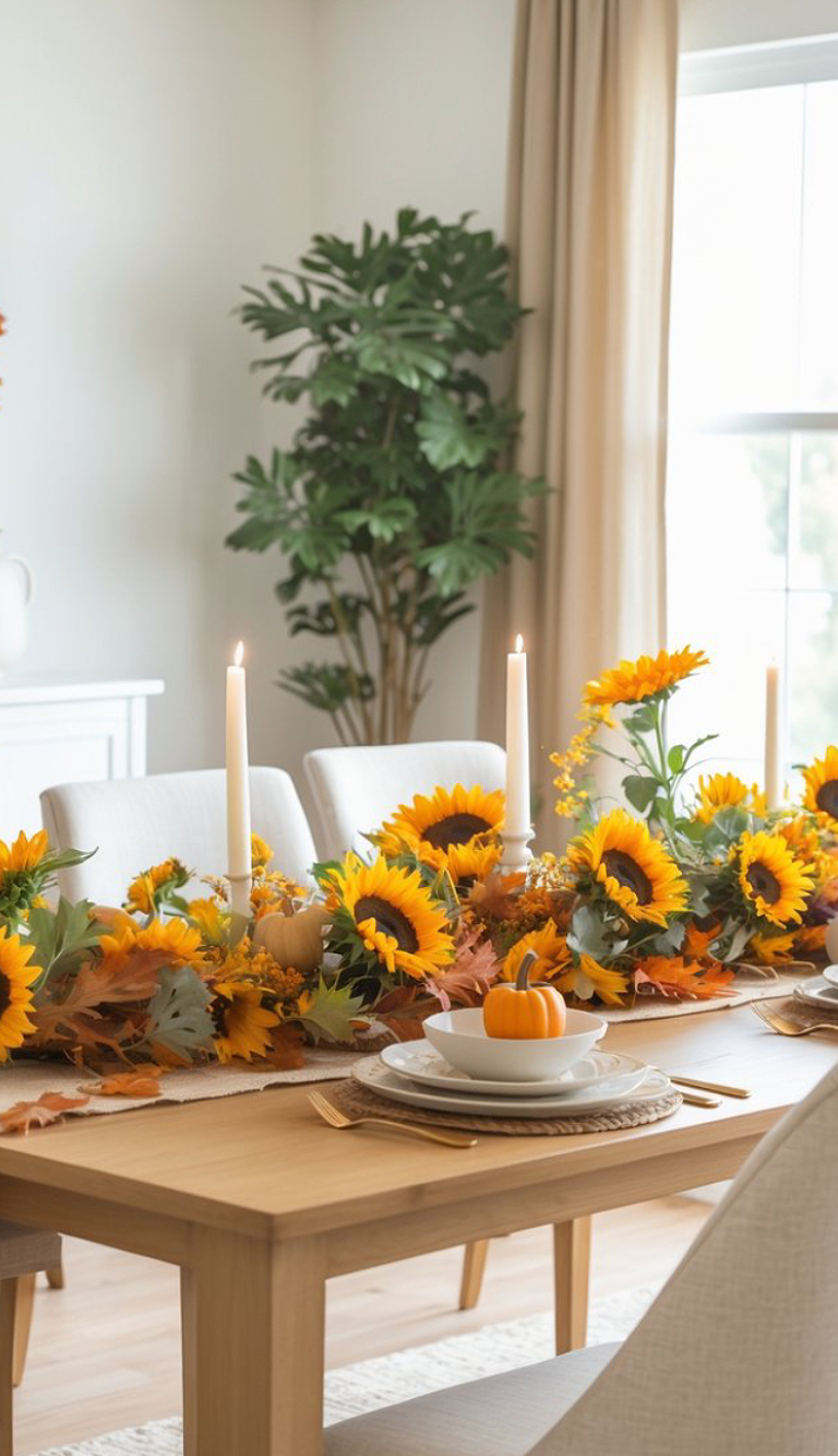 A beautifully set dining table featuring sunflowers, autumn leaves, and candles as a centerpiece, with a small orange pumpkin on a white bowl, set against a softly lit room with a plant in the background.