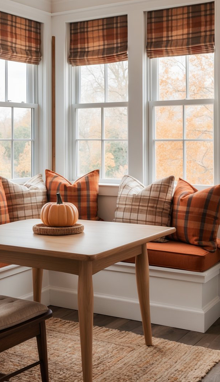 A cozy nook with a wooden table surrounded by comfortable cushions in warm orange and plaid patterns, with a small pumpkin centerpiece, and large windows adorned with plaid curtains that show autumn foliage outside.