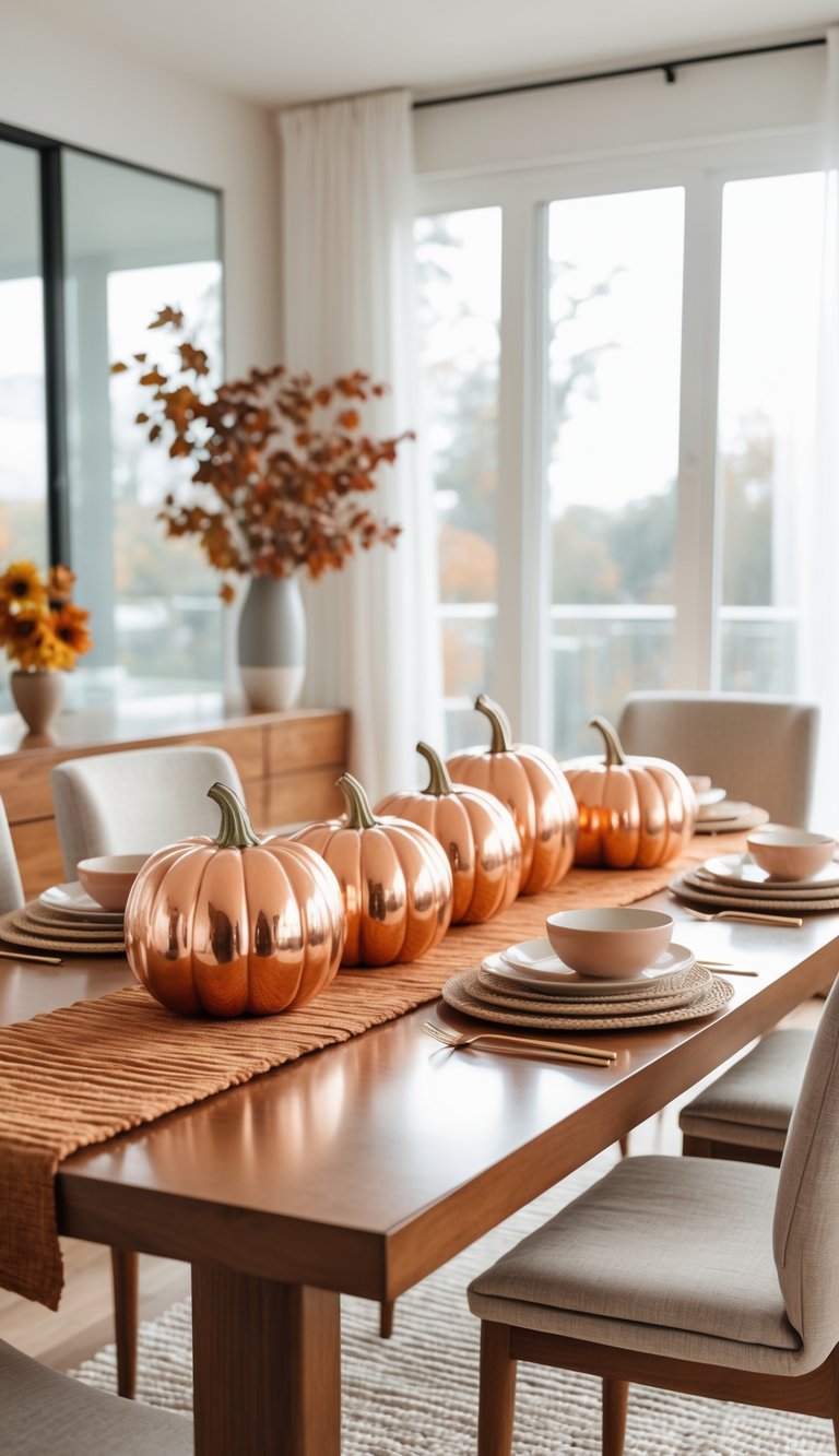 A modern dining table set for autumn with six shiny copper pumpkin decorations lined up on an orange table runner, accompanied by beige and white dishware, surrounded by light-colored chairs and large windows letting in natural light.