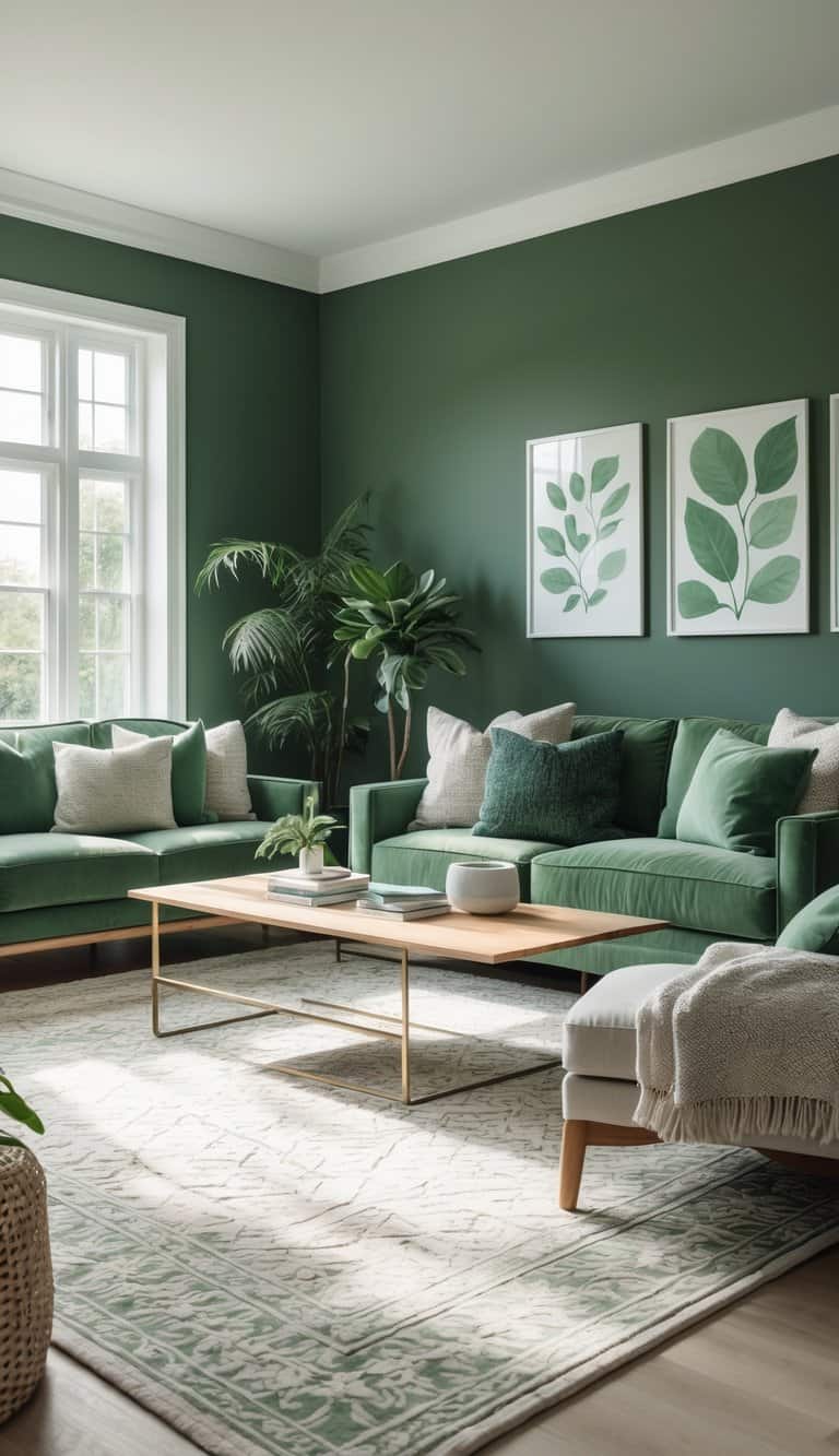 A cozy living room featuring deep green walls and plush green sofas adorned with assorted cushions. A wooden coffee table sits centered on a light rug, with a decorative plant nearby and framed leaf art on the wall.