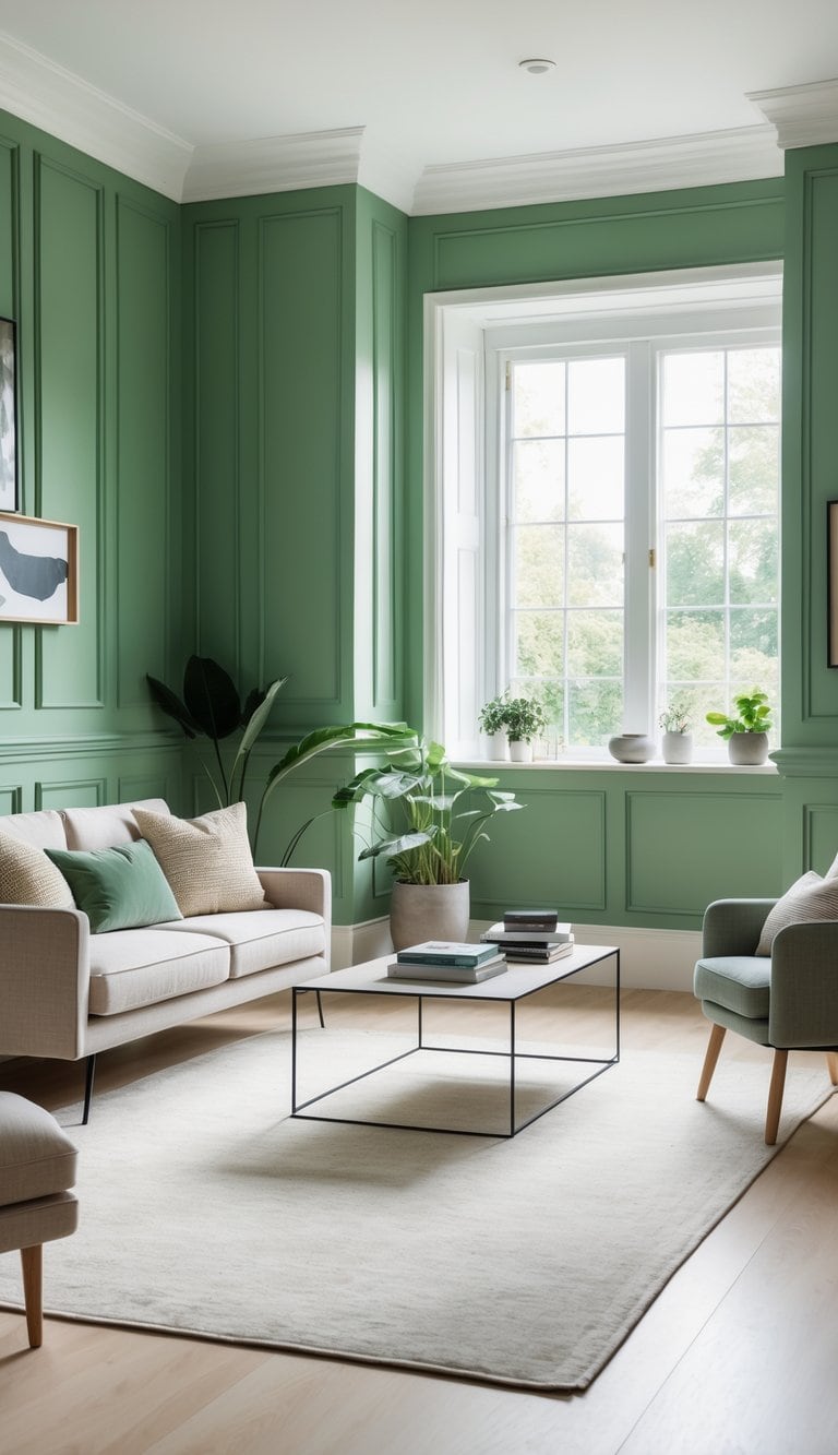 A modern living room featuring green paneled walls, a light-colored sofa with decorative cushions, a metal coffee table holding books, and a cozy armchair. The space includes several indoor plants and a large window letting in natural light.