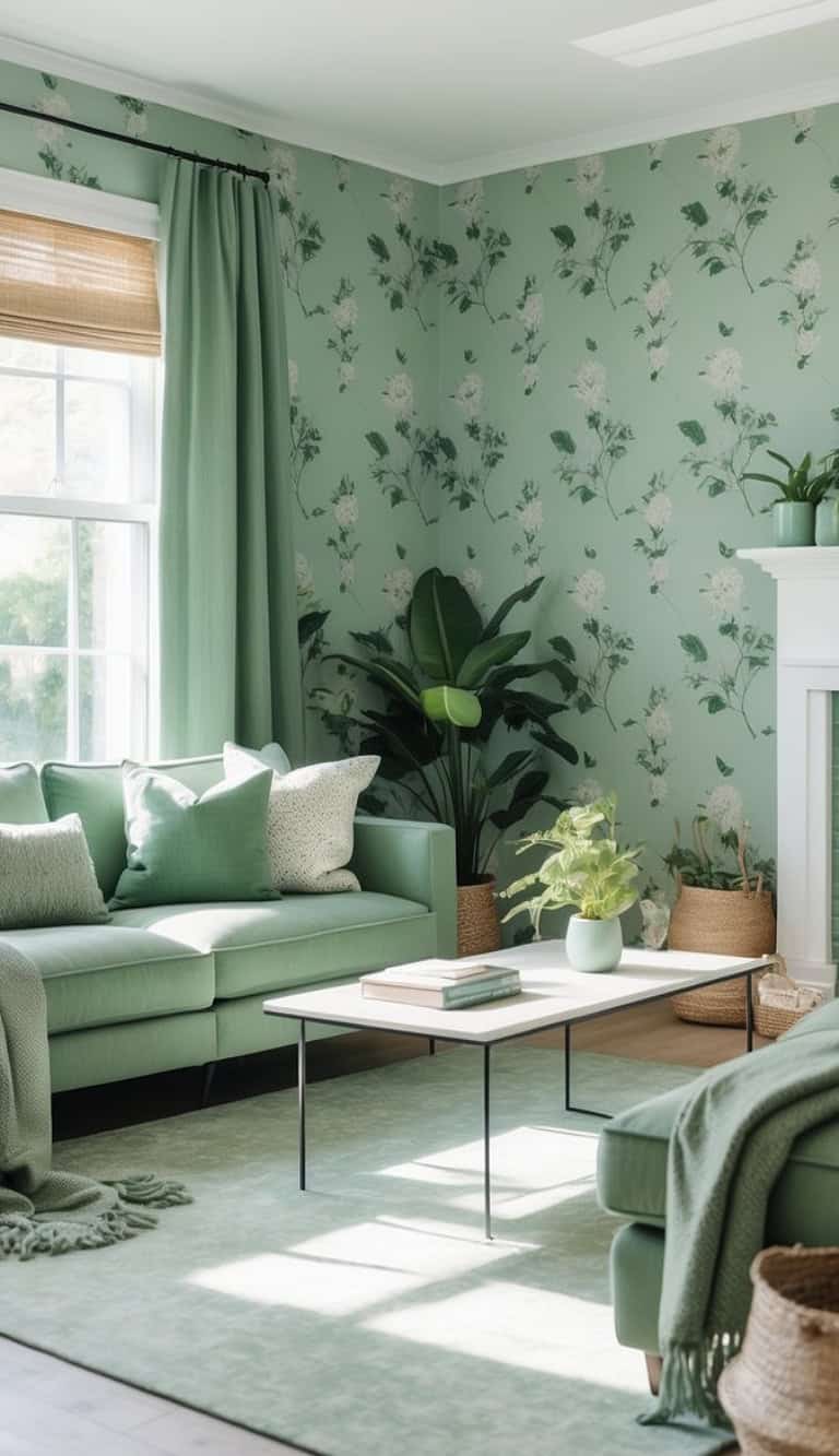A cozy living room featuring green floral wallpaper, a light green sectional sofa with various textured cushions, a low coffee table with books, and a soft rug. Large windows let in natural light, highlighting potted plants and woven baskets for a fresh, inviting ambiance.