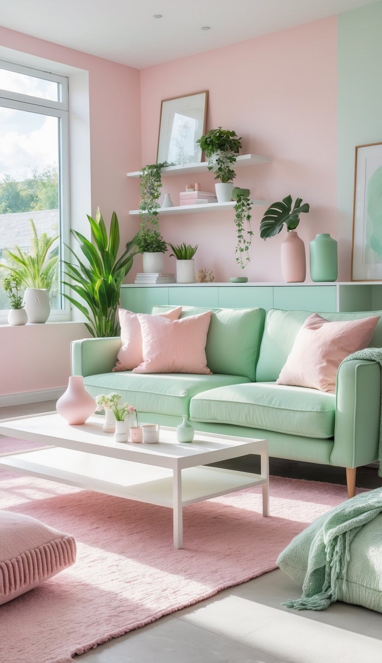 A bright, modern living room featuring a mint green sofa with pink cushions, surrounded by plants and decorative items. The walls are painted in soft pink and green tones, complemented by a light pink area rug and a white coffee table with small vases and potted plants on it. Natural light streams in through large windows, enhancing the airy feel of the space.