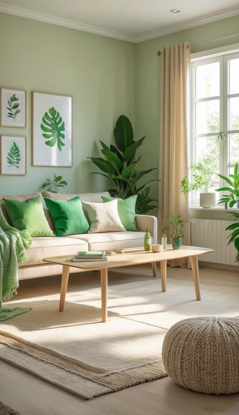 A bright, modern living room featuring a light green wall with framed leaf artwork, a beige sofa adorned with green and cream pillows, and several indoor plants. A light wooden coffee table is centered on a soft, beige rug, next to a round knitted pouf.