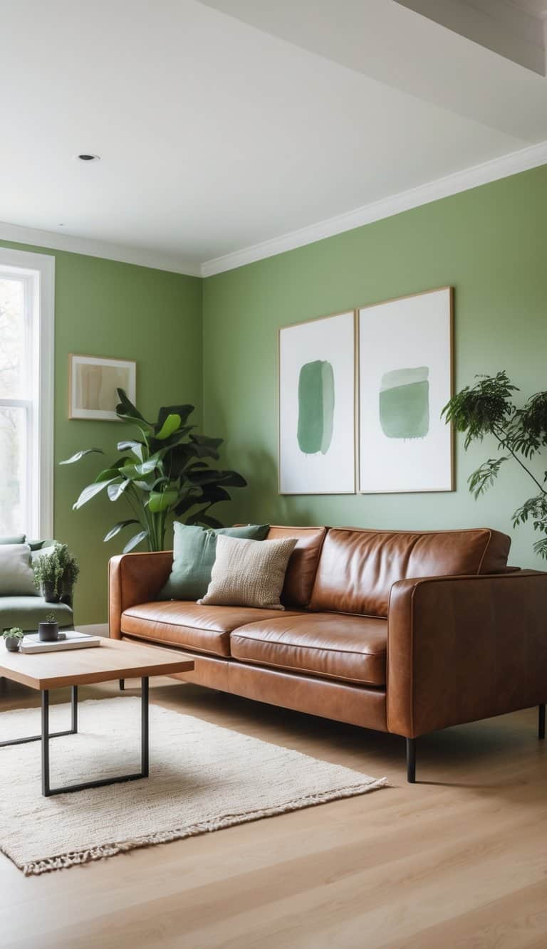 A cozy living room featuring a brown leather sofa with throw pillows, a light wooden coffee table, and a textured rug. The walls are painted in a calming green shade, adorned with two abstract framed artworks and surrounded by various indoor plants.