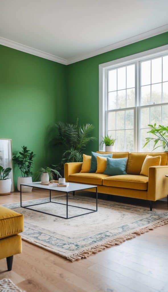 A bright living room featuring a vibrant green wall, a yellow sofa adorned with teal and ivory pillows, a coffee table, and various indoor plants, creating a refreshing and inviting atmosphere.