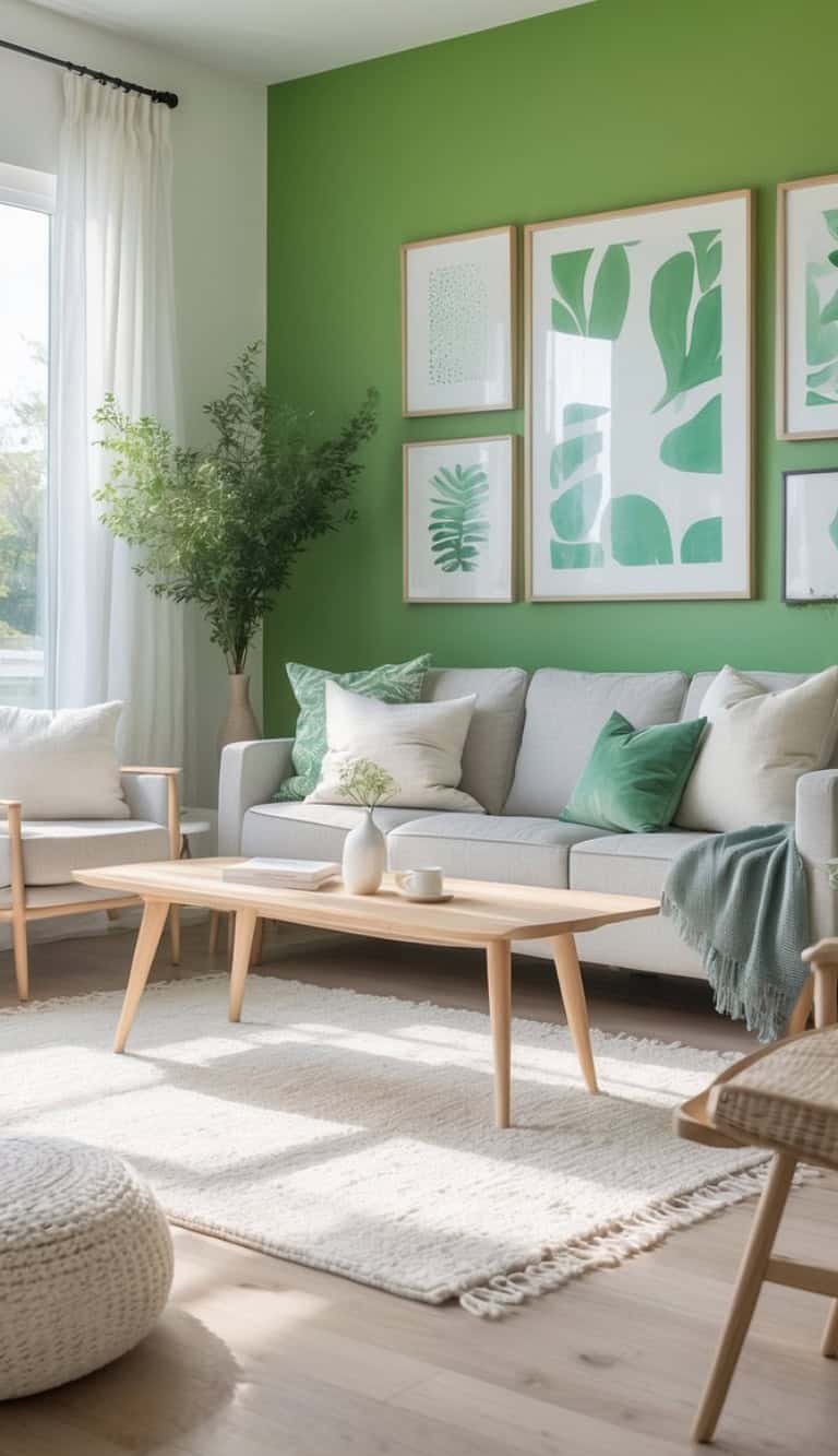 A bright and inviting living room with a green accent wall, featuring a light gray sofa adorned with various green and white cushions. A large potted plant stands to the left, and above the sofa are framed botanical art pieces. A light wooden coffee table sits in front of the sofa, with a small vase and a book on it, all over a textured cream rug on a wooden floor.