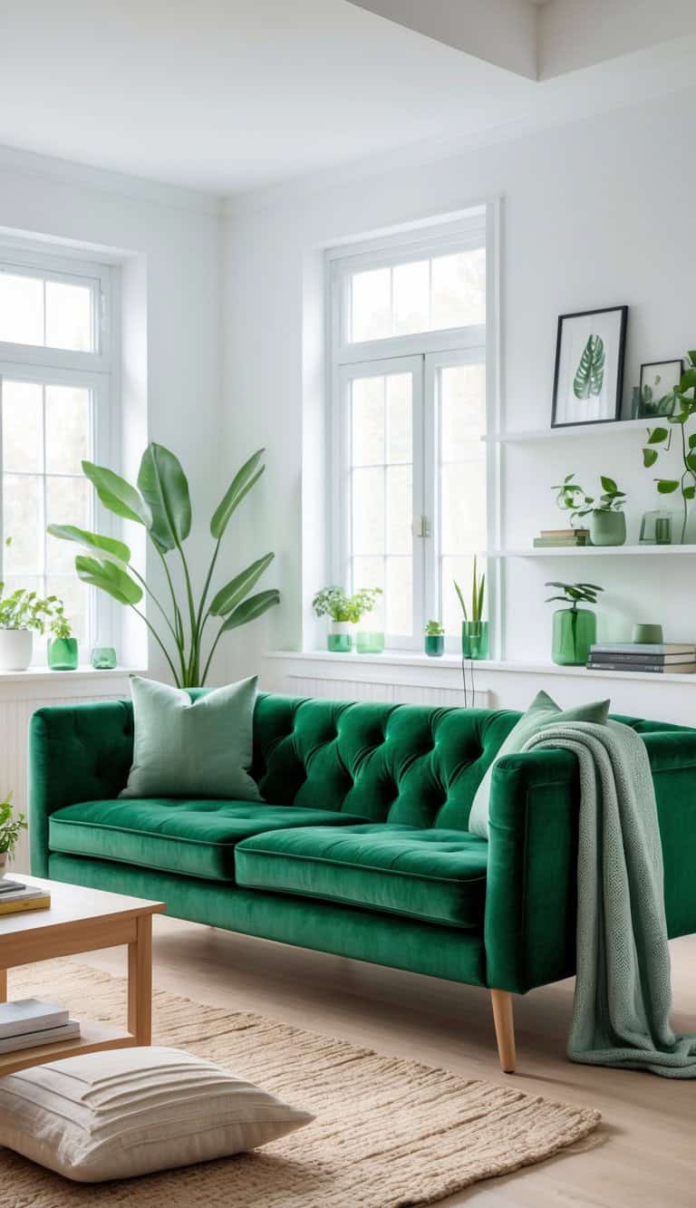 A modern living room featuring a vibrant green velvet chesterfield sofa with tufted detailing, two light green throw pillows, and a knitted throw draped over one side. A light wooden coffee table holds books, and a cozy beige woven rug is on the floor. Large windows allow natural light to fill the space, complemented by various potted plants scattered around, and decorative shelves displaying more greenery and framed art on the walls.