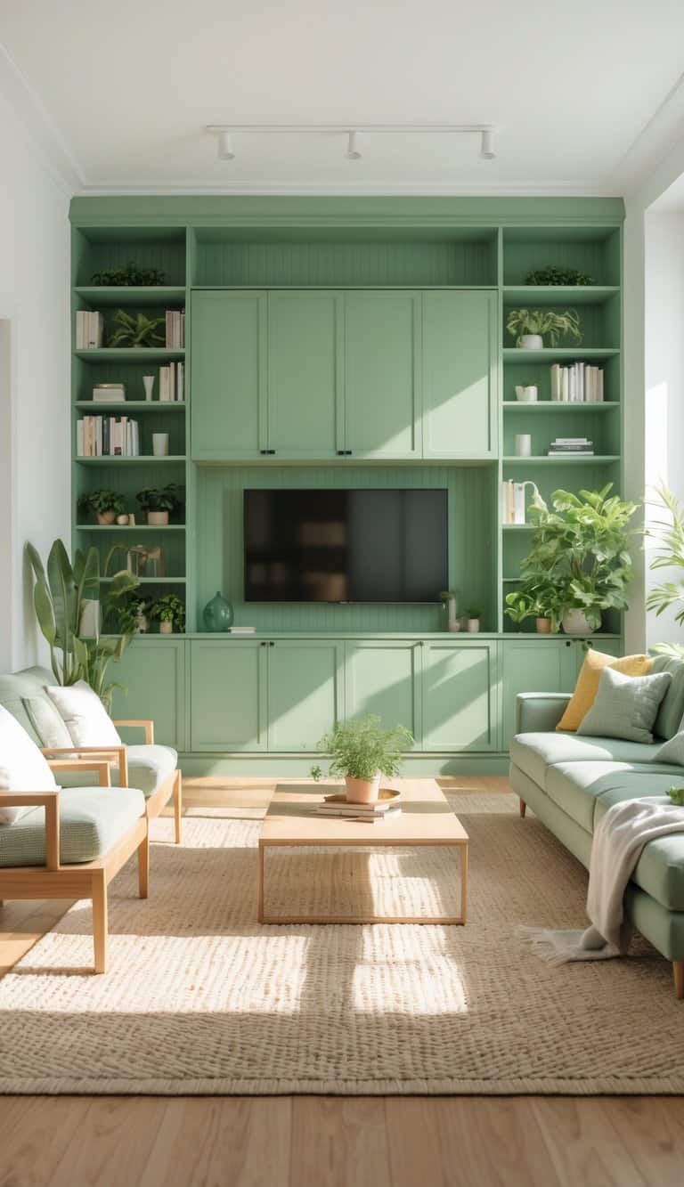 A bright and modern living room featuring a soft green color palette, with a large built-in shelving unit filled with books and plants, a flat-screen TV mounted in the center, and light wooden furniture including a coffee table and armchairs, all illuminated by natural light from a nearby window.