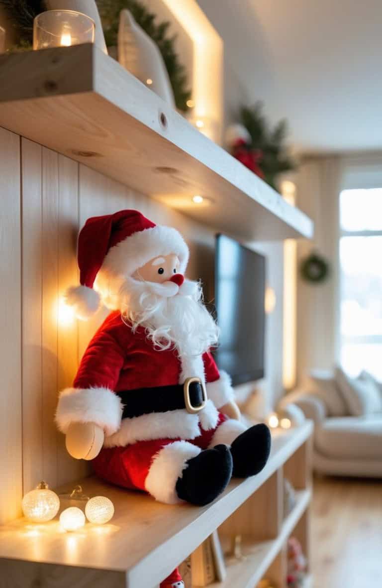 A plush Santa Claus figure with a red outfit and white beard sitting on a wooden shelf, adorned with string lights and holiday decorations in a cozy, softly lit living room.