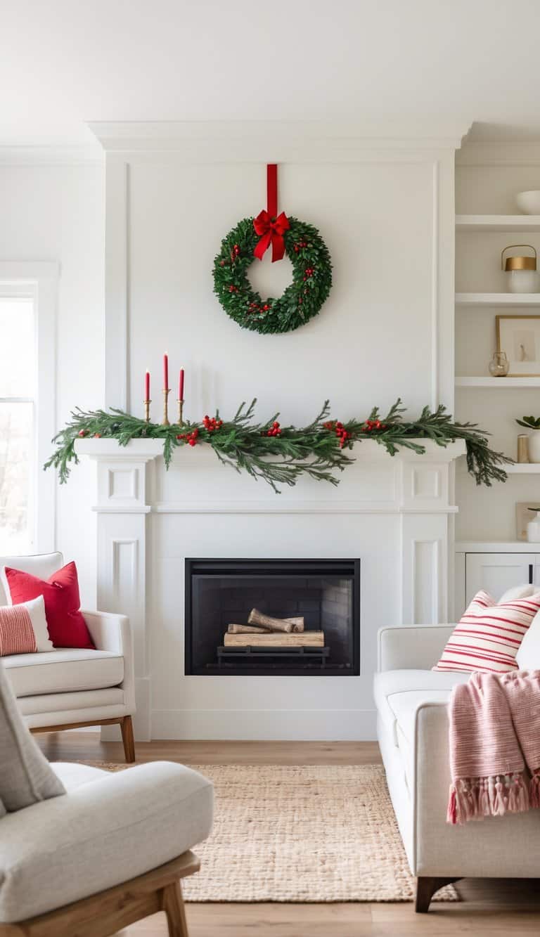 A decorated living room featuring a white mantel with a Christmas wreath and garland, red candles, and a cozy fireplace, flanked by two stylish chairs with decorative cushions and a soft area rug.