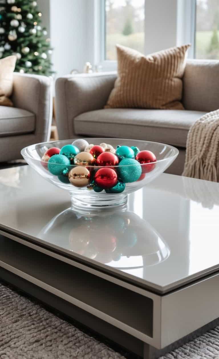 A glass bowl filled with colorful Christmas ornaments in red, turquoise, and gold sits on a modern coffee table, with a cozy living room featuring beige sofas and a Christmas tree in the background.