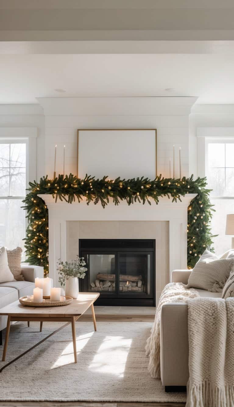 A cozy living room featuring a decorated fireplace with a lush green garland and candles. A wooden coffee table with a circular tray holds lit candles, while a comfortable sofa adorned with blankets and pillows invites relaxation.